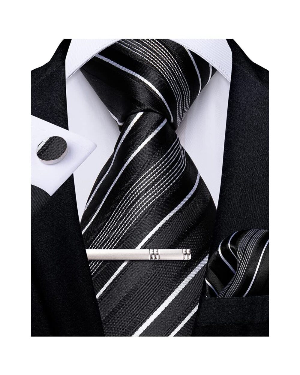 3191 Striped Tie Silk Woven Necktie and Pocket Square Cufflinks Tie Clip